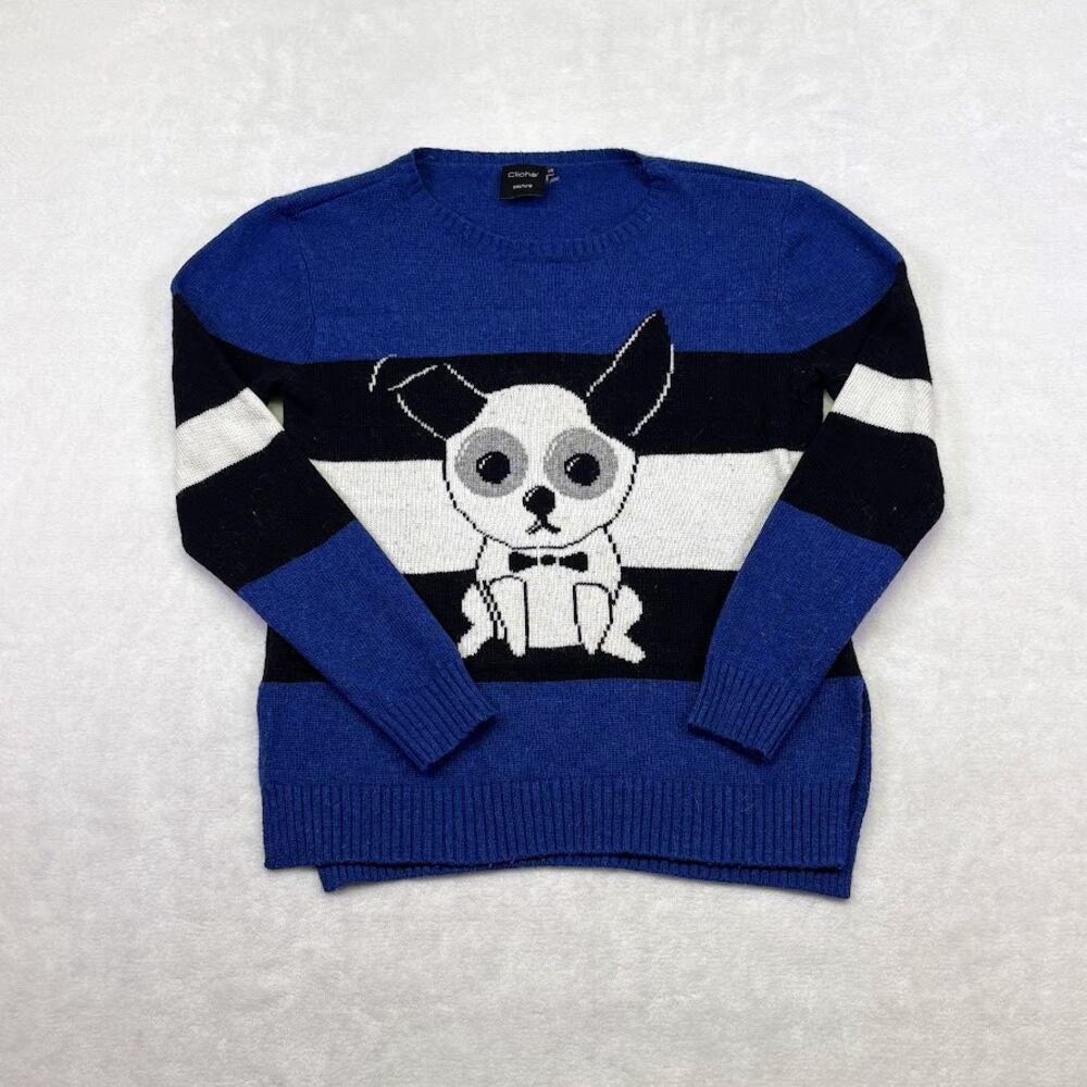 Cliché Couture Tuxedo Dog Graphic Knit Colorblock Blue Black Sweater Size XS